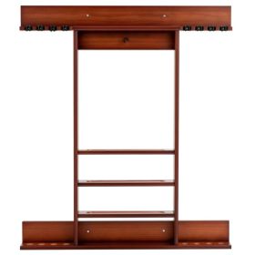 Brown Pine Wood Wall-Mounted Billiards Cue Rack, Holds 8 Cues & 16 Balls with 5 Storage Compartments