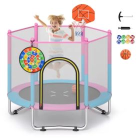 3-in-1 Kids Trampoline 60" With Basketball Hoop & Dartboard, Gap-Free Jumping Mat Toddler Trampoline For Ages 3-6